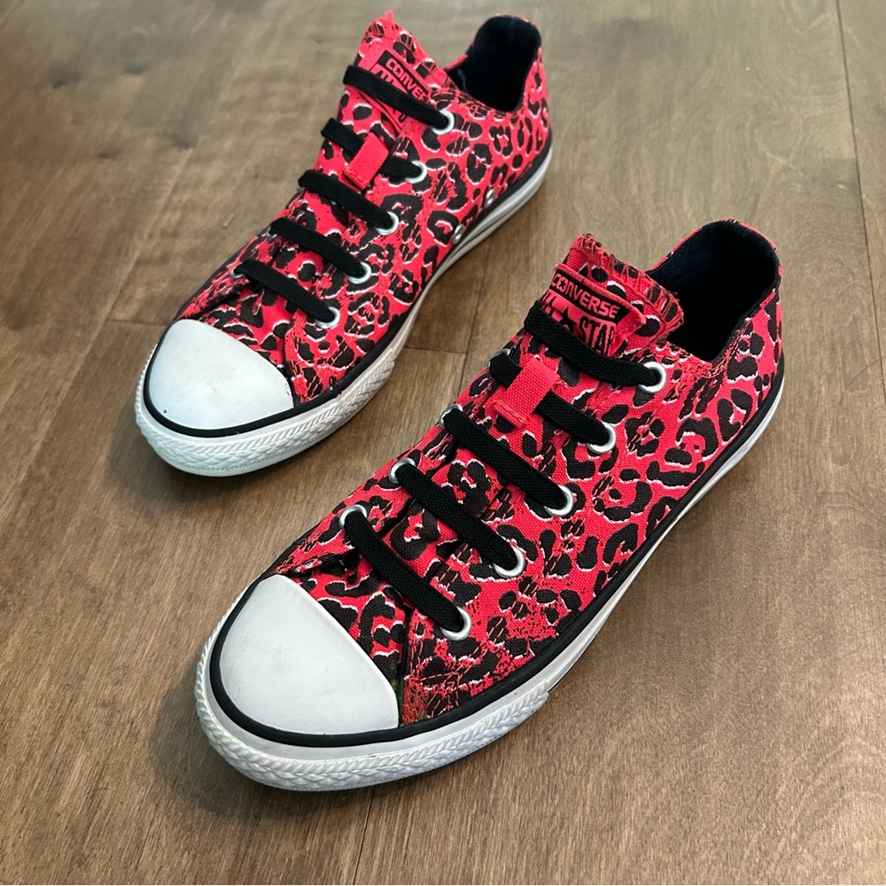 Converse All Stars reddish bright pink leopard print low top slip on sneakers 3